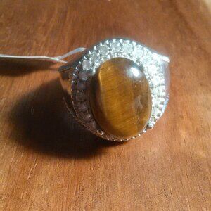 Men's Tiger's Eye White Crystal Stainless Steel Ring (Size 10)